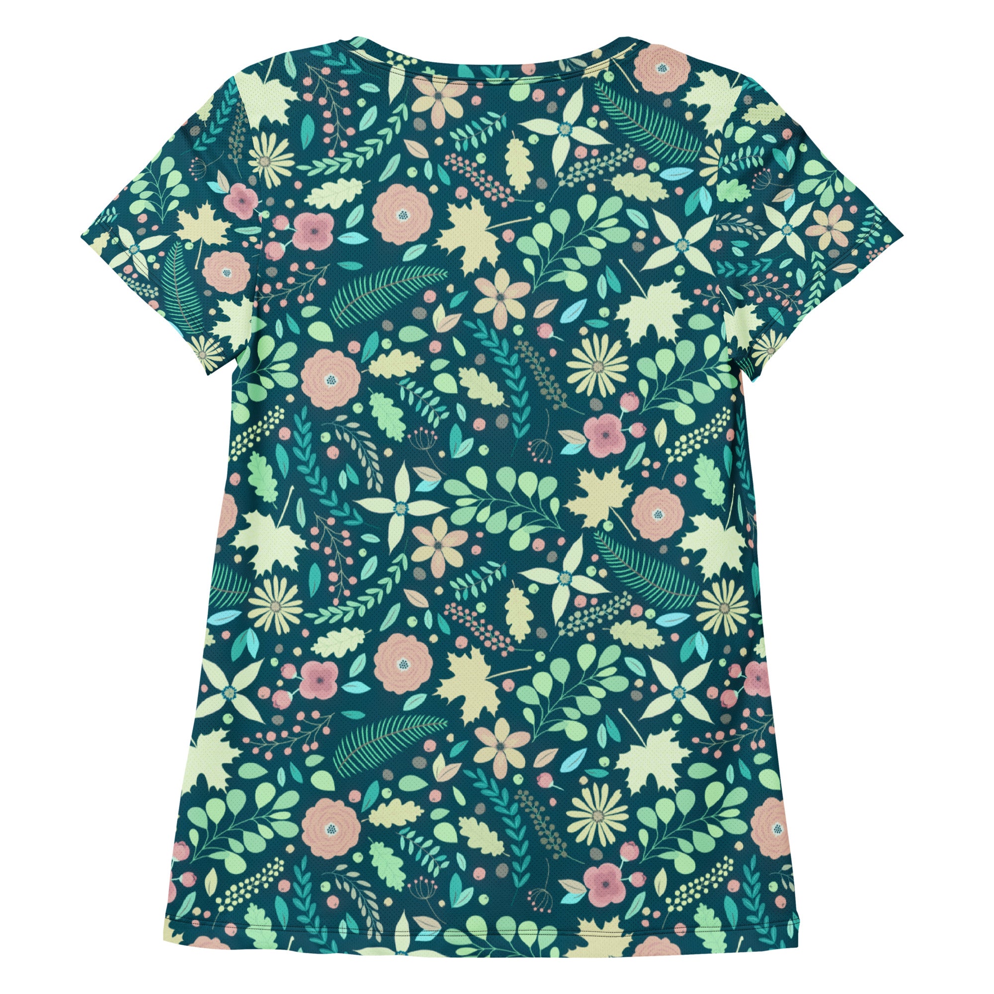 Women’s Teal Floral Athletic T-Shirt - Lightweight Moisture Wicking Workout Top With UPF 50+