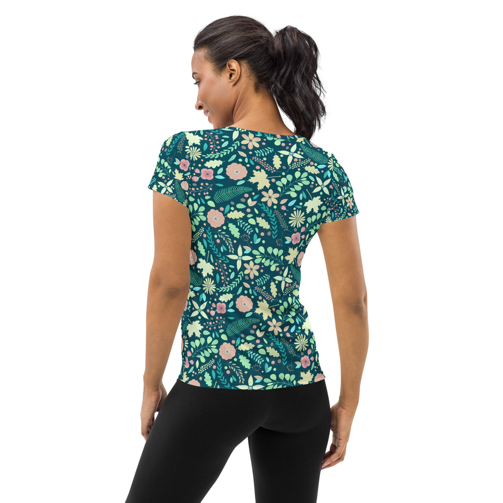 Women’s Teal Floral Athletic T-Shirt - Lightweight Moisture Wicking Workout Top With UPF 50+