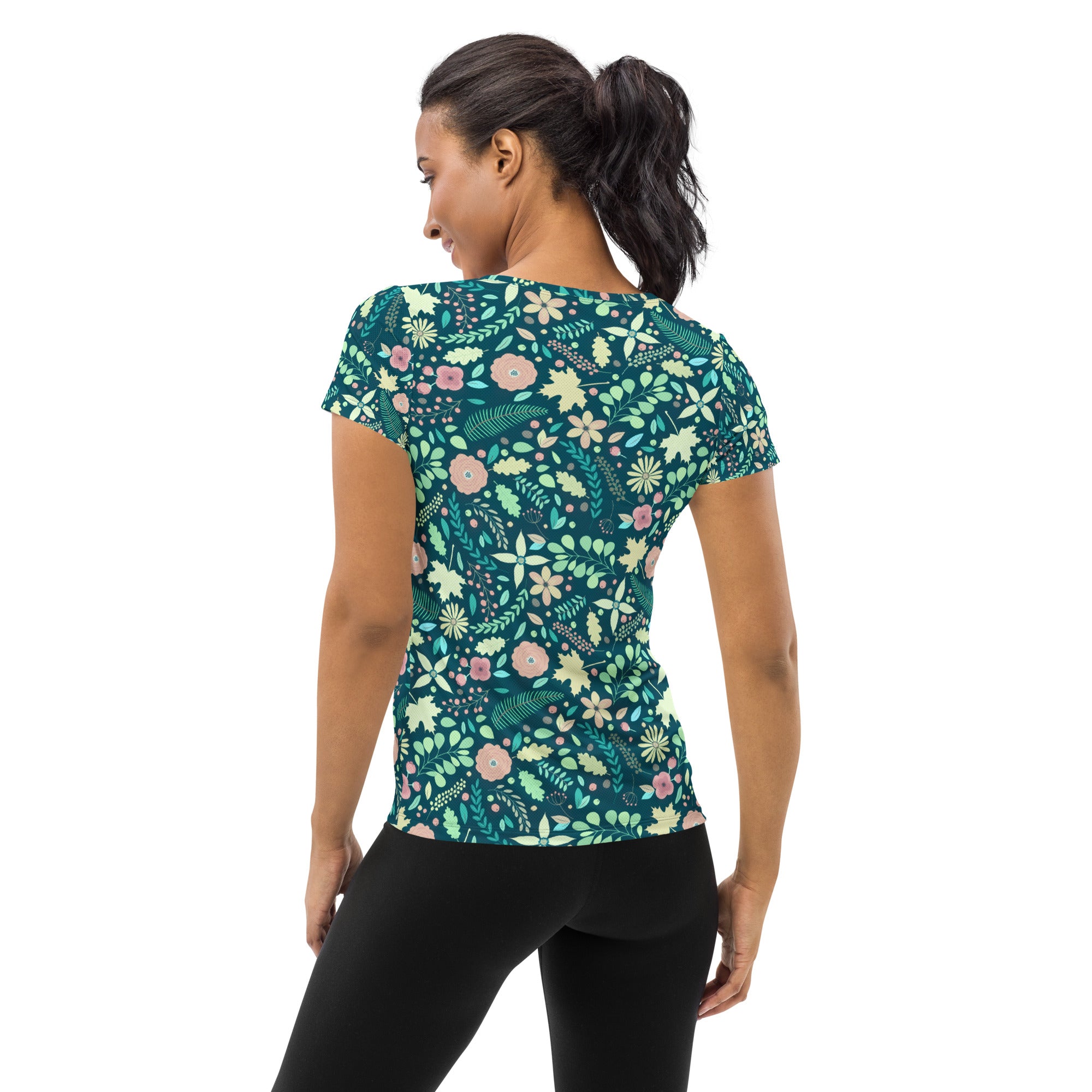 Women’s Teal Floral Athletic T-Shirt - Lightweight Moisture Wicking Workout Top With UPF 50+