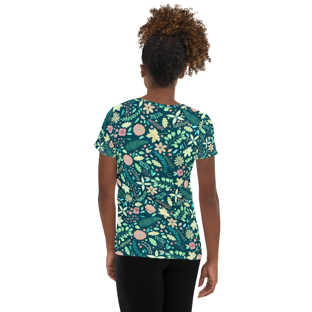 Women’s Teal Floral Athletic T-Shirt - Lightweight Moisture Wicking Workout Top With UPF 50+