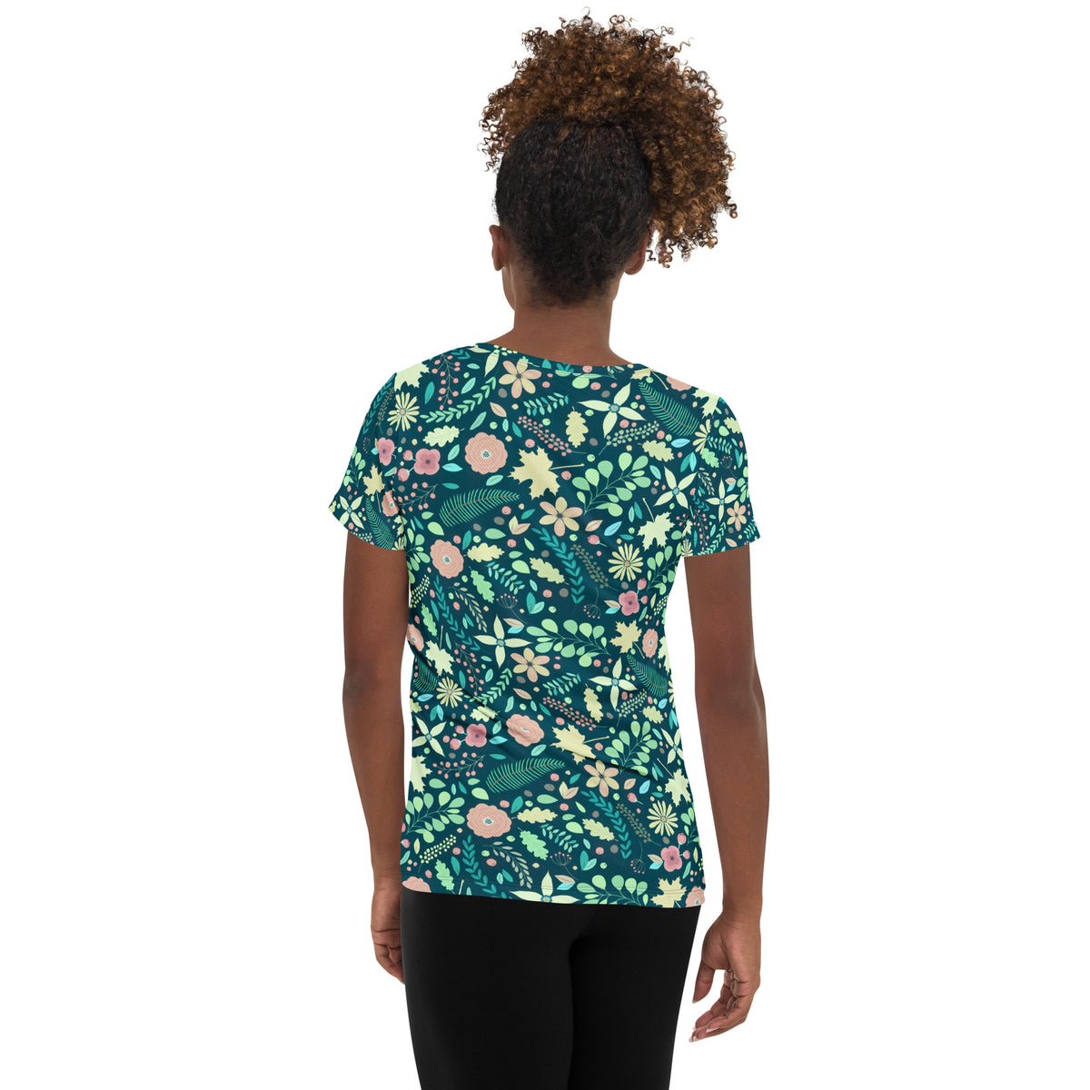 Women’s Teal Floral Athletic T-Shirt - Lightweight Moisture Wicking Workout Top With UPF 50+
