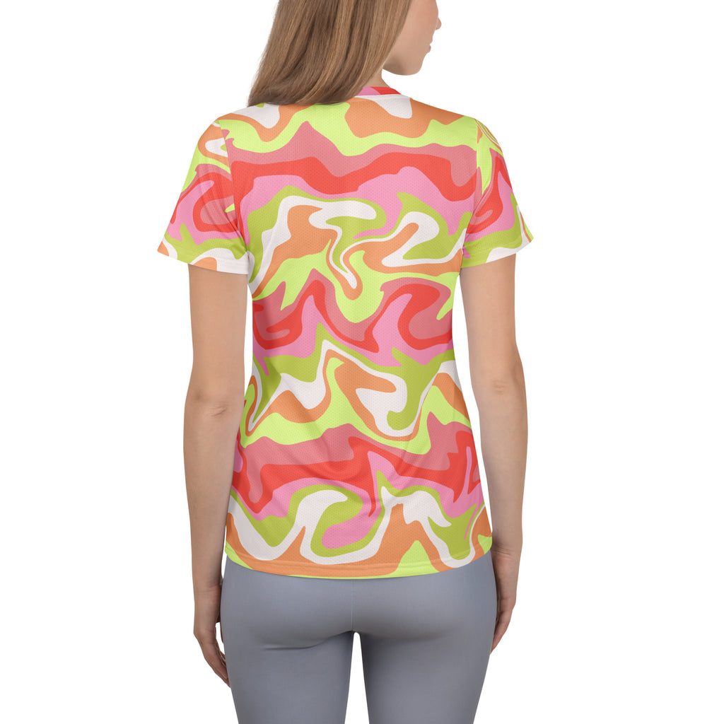Women’s Pink & Lime Swirl Athletic T-Shirt - Lightweight Moisture Wicking Workout Top With UPF 50+