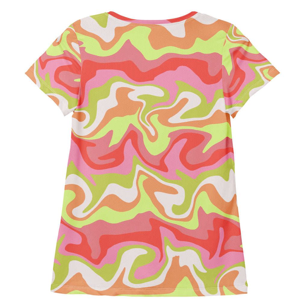 Women’s Pink & Lime Swirl Athletic T-Shirt - Lightweight Moisture Wicking Workout Top With UPF 50+