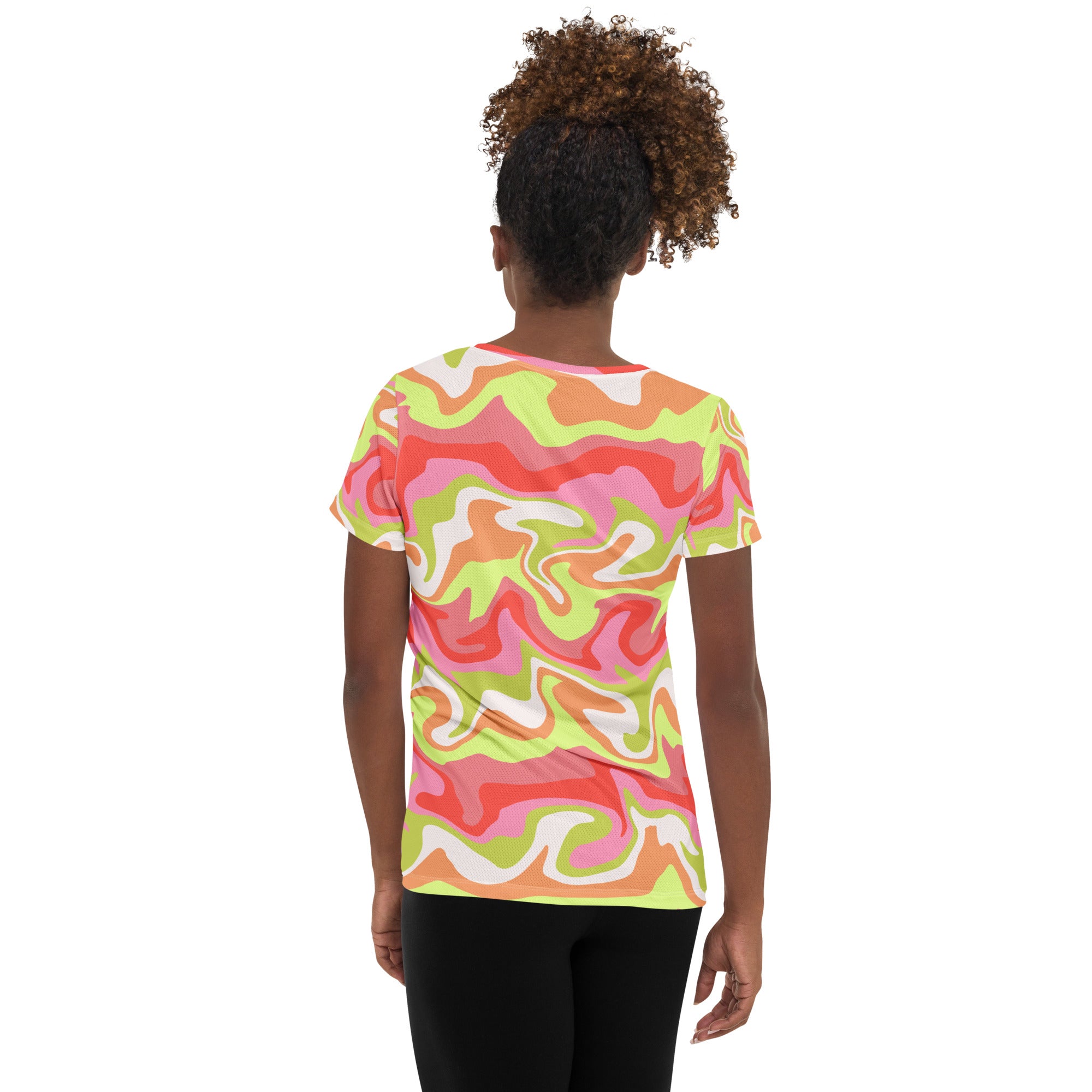 Women’s Pink & Lime Swirl Athletic T-Shirt - Lightweight Moisture Wicking Workout Top With UPF 50+