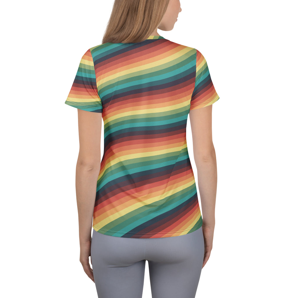 Women’s Retro Rainbow Stripe Athletic T-Shirt - Lightweight Moisture Wicking Workout Top With UPF 50+