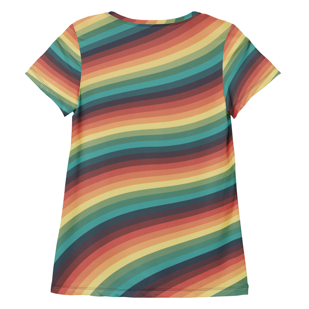 Women’s Retro Rainbow Stripe Athletic T-Shirt - Lightweight Moisture Wicking Workout Top With UPF 50+
