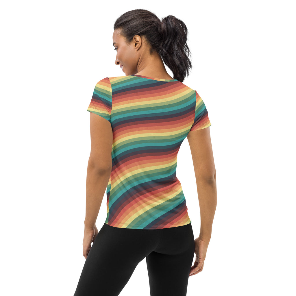 Women’s Retro Rainbow Stripe Athletic T-Shirt - Lightweight Moisture Wicking Workout Top With UPF 50+