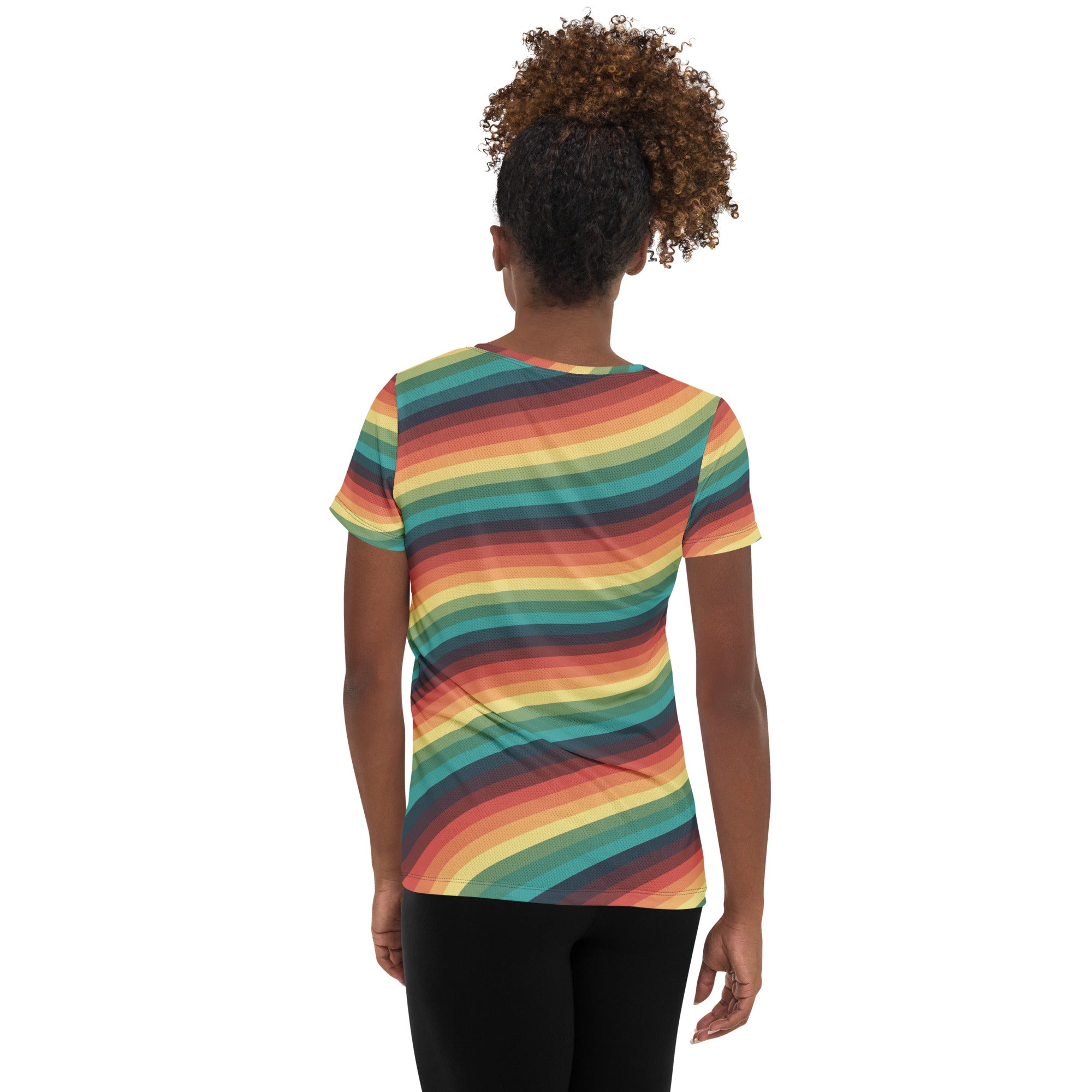 Women’s Retro Rainbow Stripe Athletic T-Shirt - Lightweight Moisture Wicking Workout Top With UPF 50+