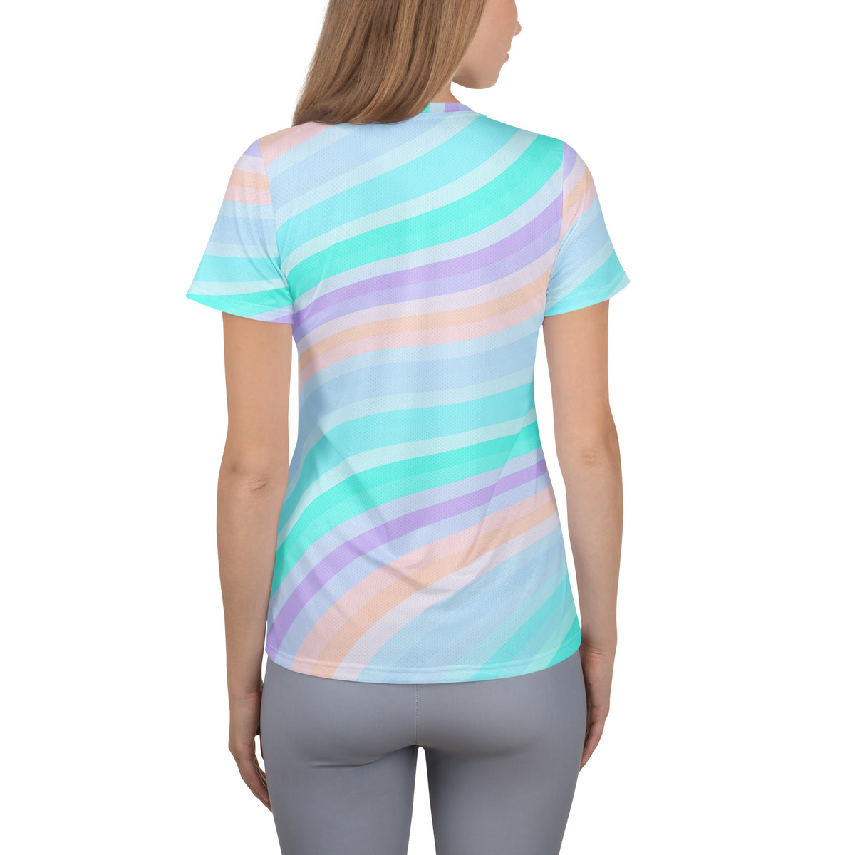 Women’s Pastel Aqua Rainbow Stripe Athletic T-Shirt - Lightweight Moisture Wicking Workout Top With UPF 50+