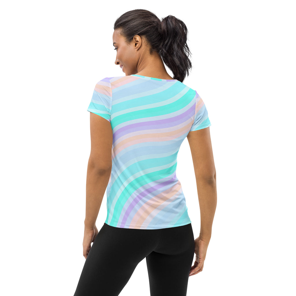 Women’s Pastel Aqua Rainbow Stripe Athletic T-Shirt - Lightweight Moisture Wicking Workout Top With UPF 50+