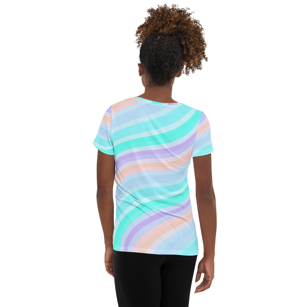 Women’s Pastel Aqua Rainbow Stripe Athletic T-Shirt - Lightweight Moisture Wicking Workout Top With UPF 50+