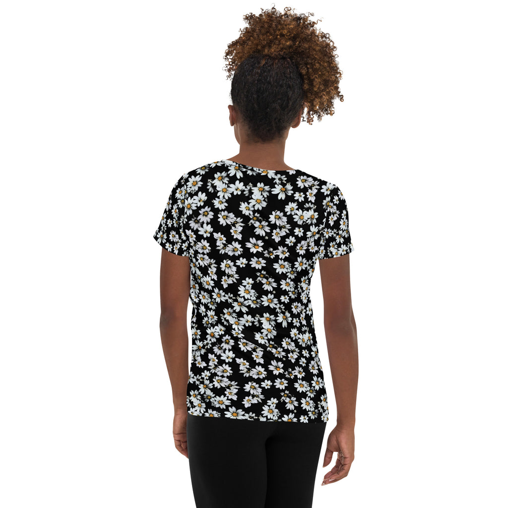Women’s Black Daisy Athletic T-Shirt - Lightweight Moisture Wicking Workout Top With UPF 50+