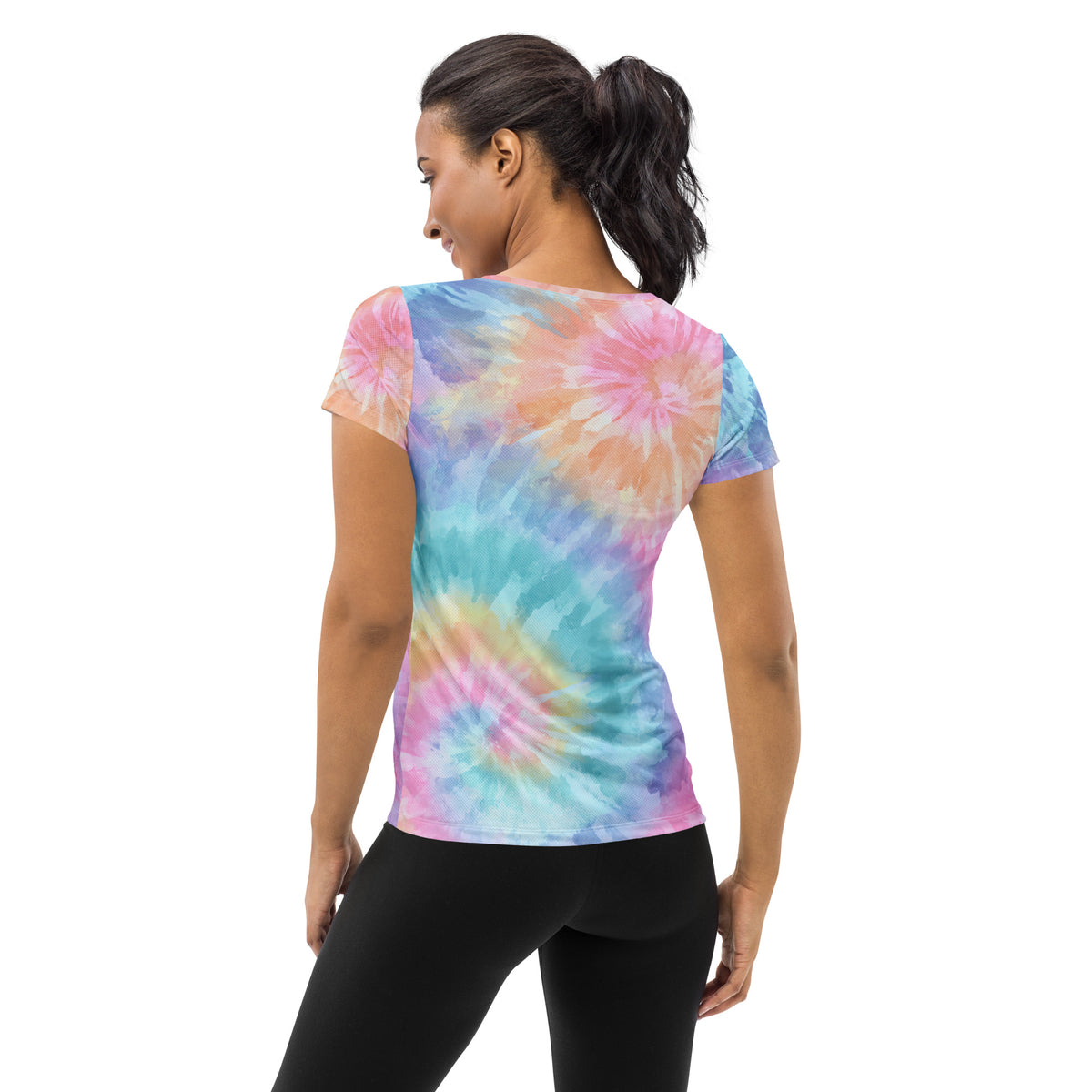 Women’s Rainbow Swirl Tie Dye Athletic T-Shirt - Lightweight Moisture Wicking Workout Top With UPF 50+