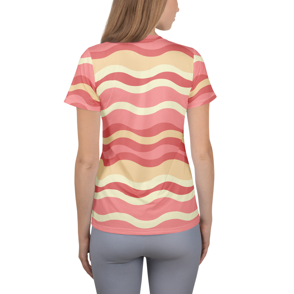 Women’s Coastal Sand Pink Wavy Stripe Athletic T-Shirt - Lightweight Moisture Wicking Workout Top With UPF 50+