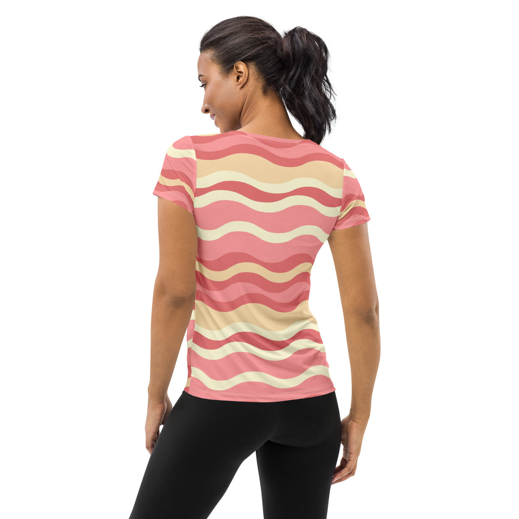 Women’s Coastal Sand Pink Wavy Stripe Athletic T-Shirt - Lightweight Moisture Wicking Workout Top With UPF 50+