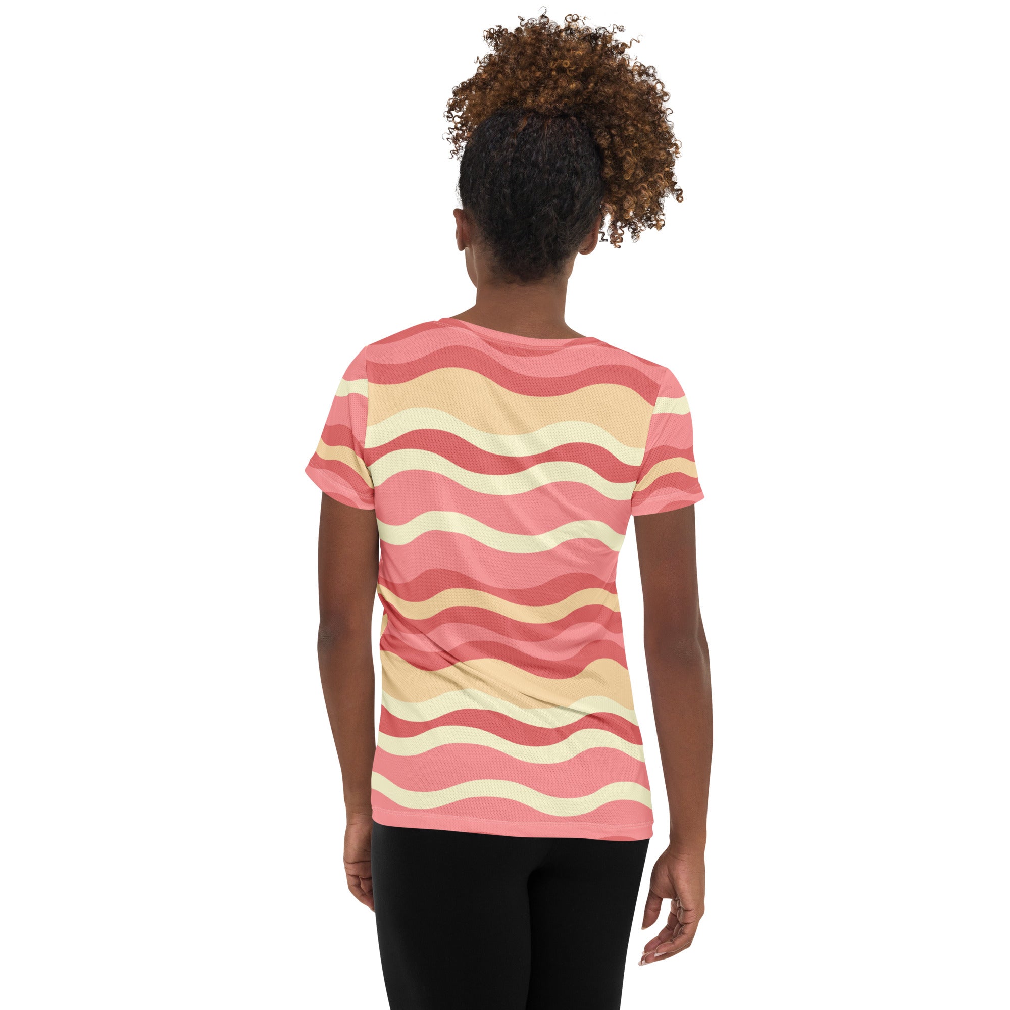 Women’s Coastal Sand Pink Wavy Stripe Athletic T-Shirt - Lightweight Moisture Wicking Workout Top With UPF 50+