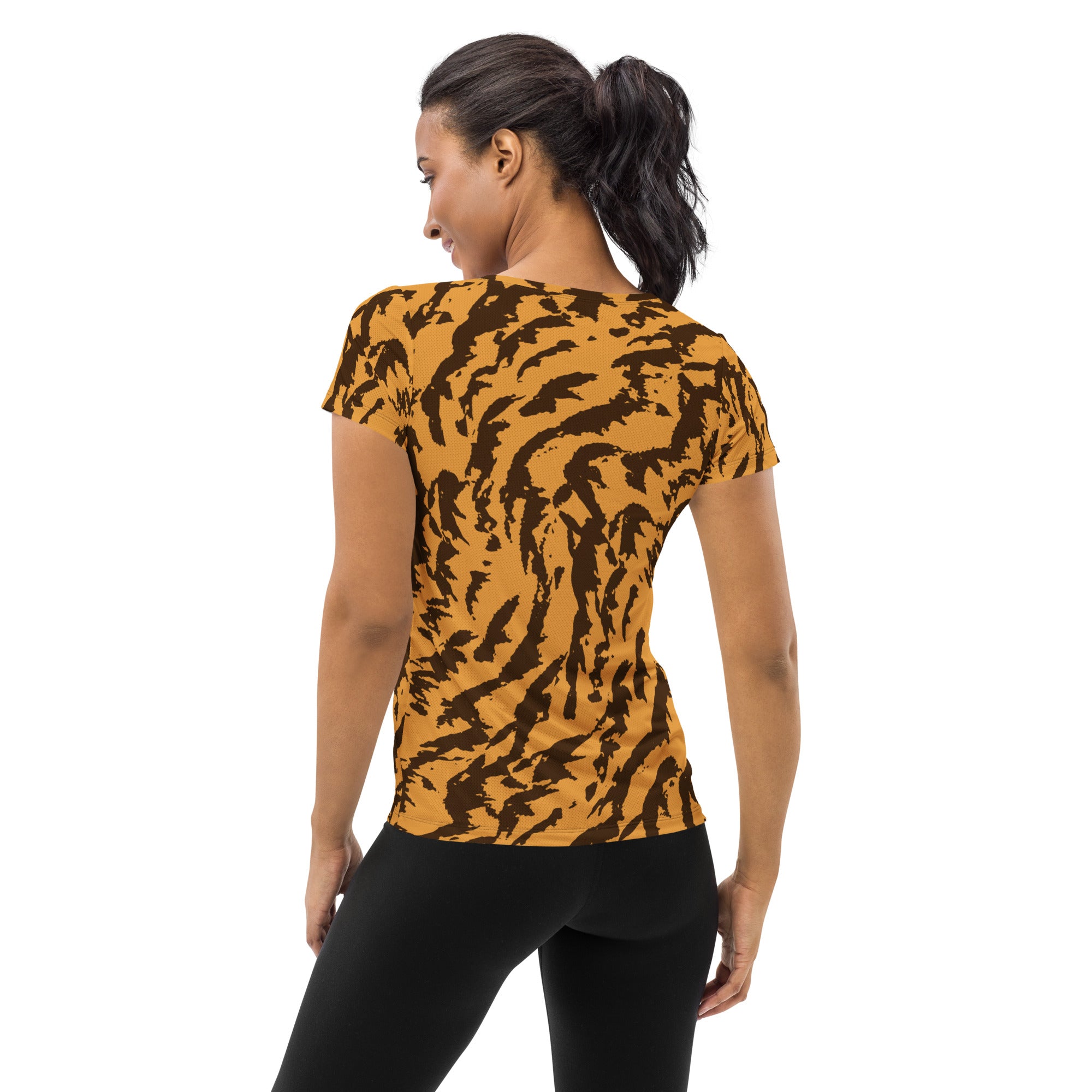 Women’s Golden Brown Abstract Animal Print Athletic T-Shirt - Lightweight Moisture Wicking Workout Top With UPF 50+