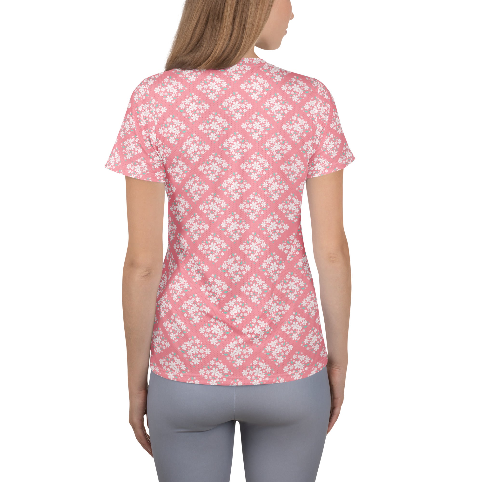 Women’s Pink Floral Diamond Athletic T-Shirt - Lightweight Moisture Wicking Workout Top With UPF 50+