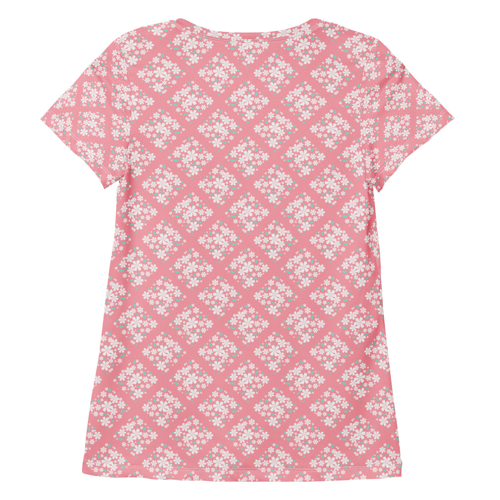 Women’s Pink Floral Diamond Athletic T-Shirt - Lightweight Moisture Wicking Workout Top With UPF 50+