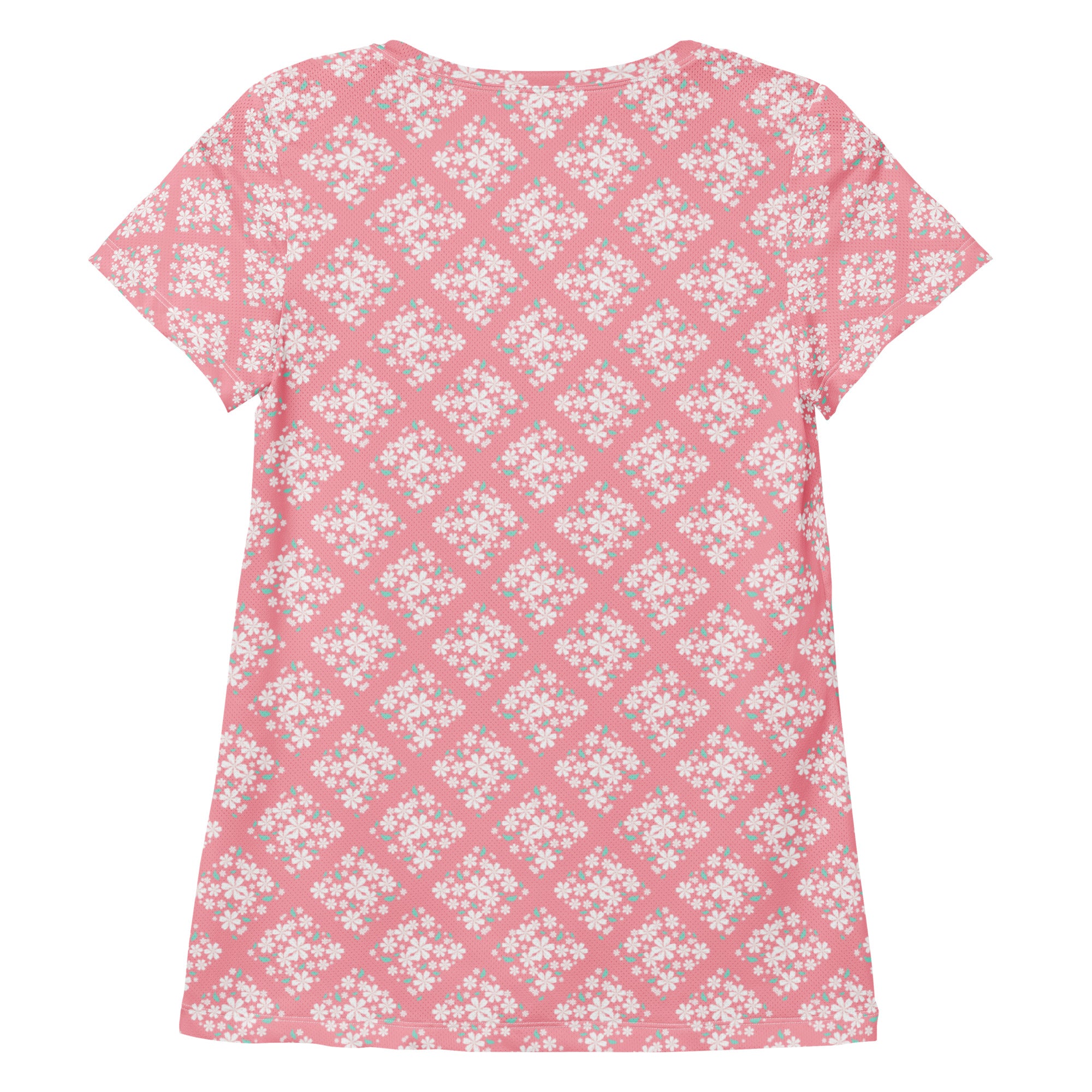 Women’s Pink Floral Diamond Athletic T-Shirt - Lightweight Moisture Wicking Workout Top With UPF 50+
