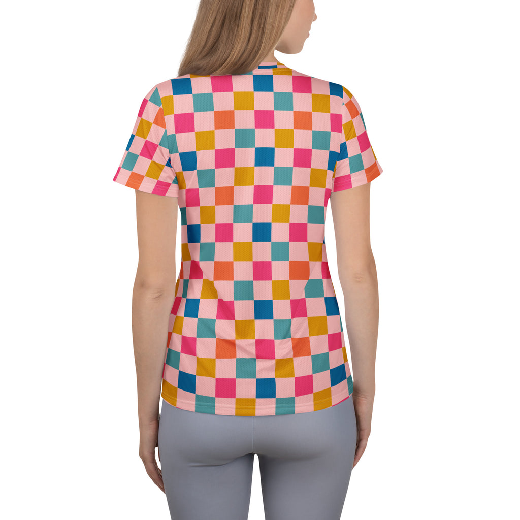 Women’s Pink Retro Checkered Athletic T-Shirt - Lightweight Moisture Wicking Workout Top With UPF 50+