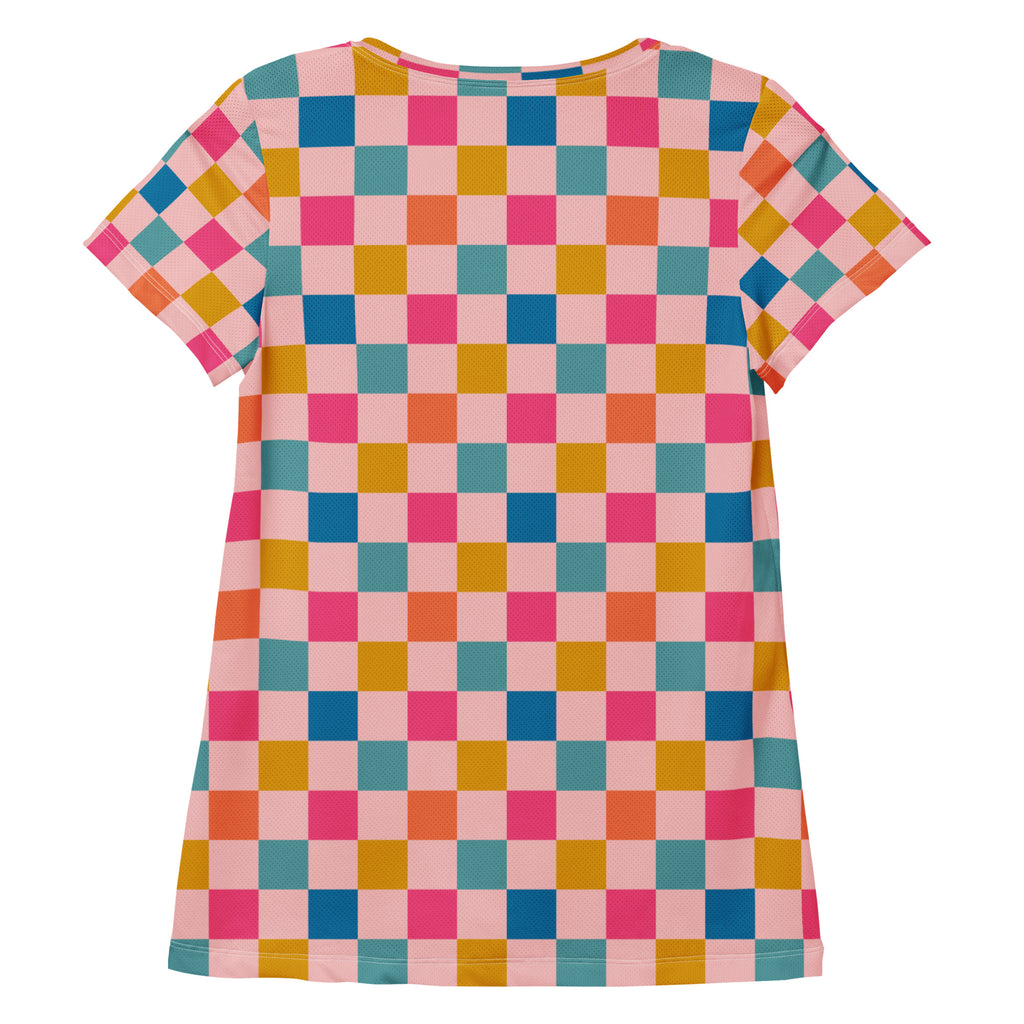 Women’s Pink Retro Checkered Athletic T-Shirt - Lightweight Moisture Wicking Workout Top With UPF 50+