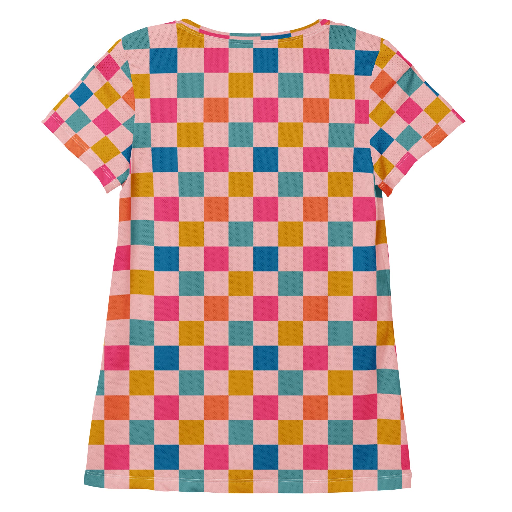 Women’s Pink Retro Checkered Athletic T-Shirt - Lightweight Moisture Wicking Workout Top With UPF 50+