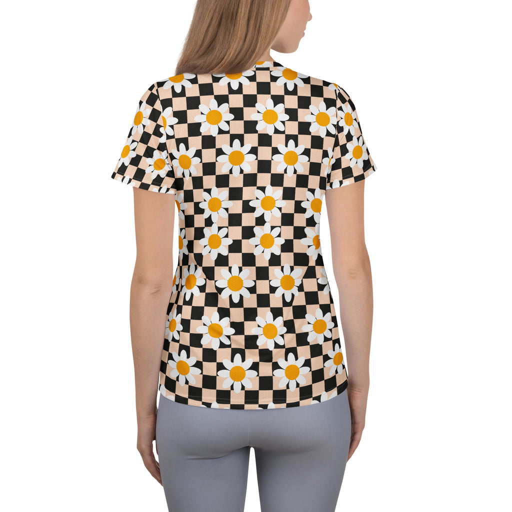 Women’s Daisy Checkerboard Athletic T-Shirt - Lightweight Moisture Wicking Workout Top With UPF 50+