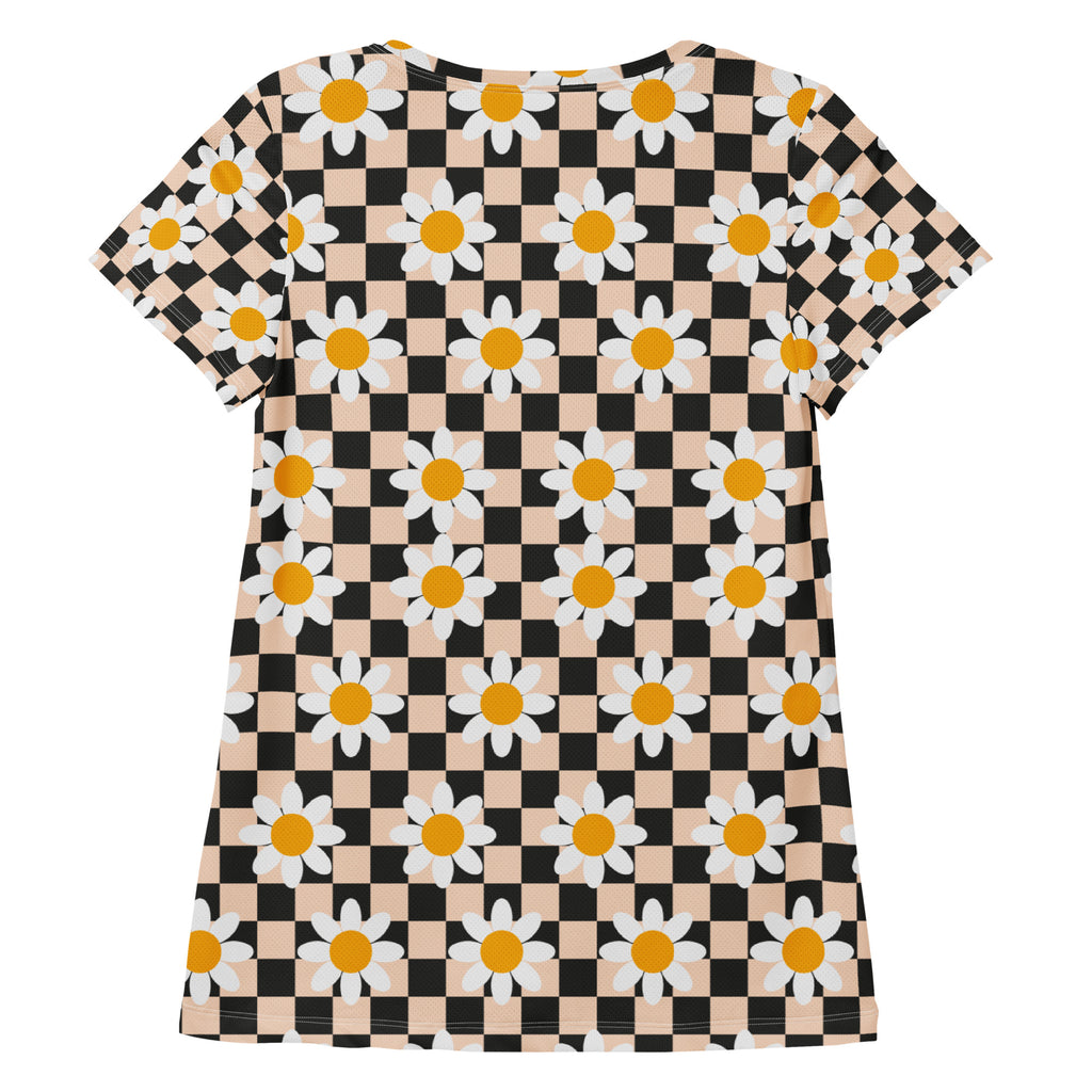 Women’s Daisy Checkerboard Athletic T-Shirt - Lightweight Moisture Wicking Workout Top With UPF 50+