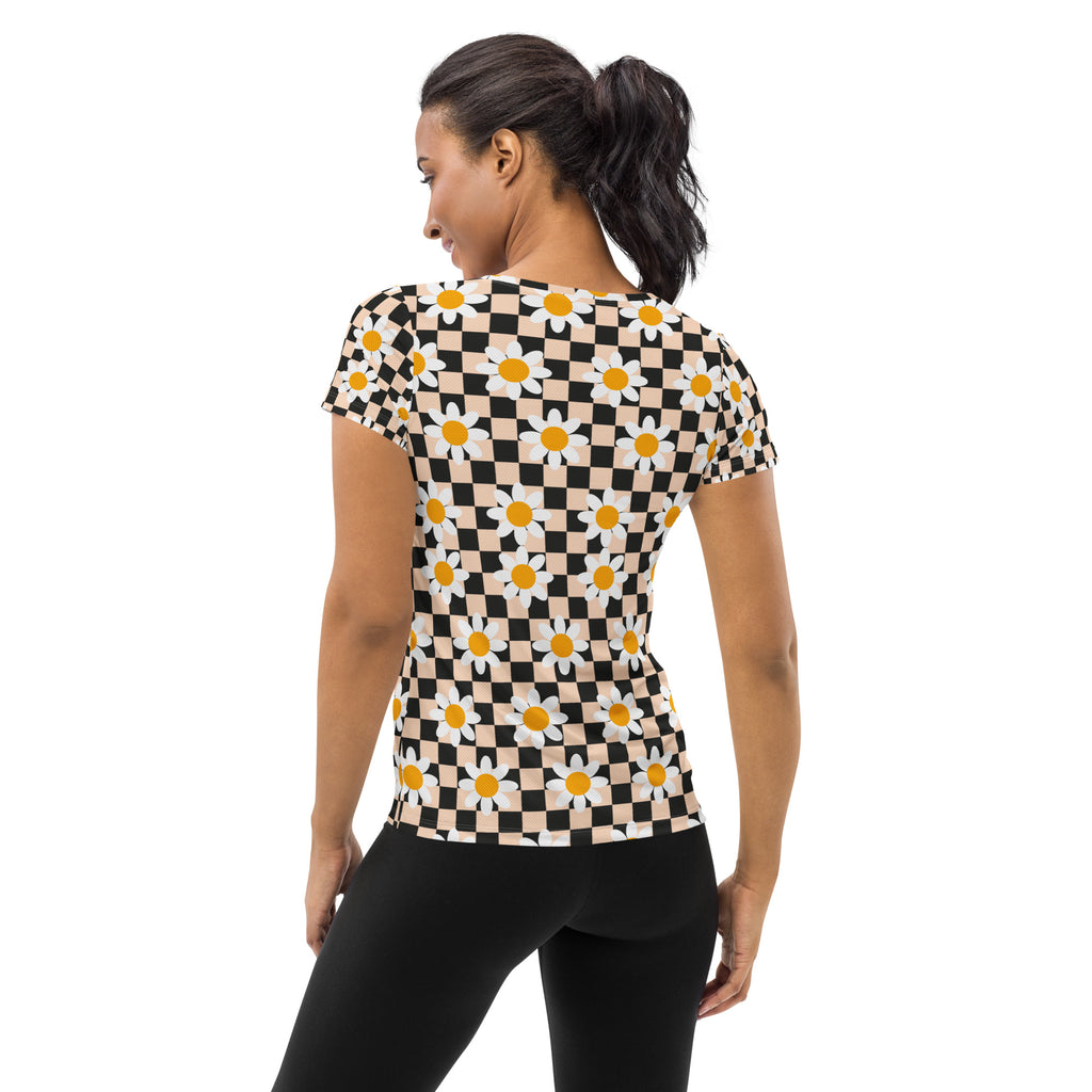 Women’s Daisy Checkerboard Athletic T-Shirt - Lightweight Moisture Wicking Workout Top With UPF 50+