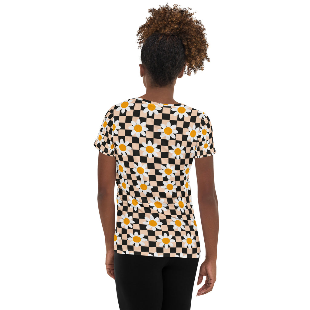 Women’s Daisy Checkerboard Athletic T-Shirt - Lightweight Moisture Wicking Workout Top With UPF 50+