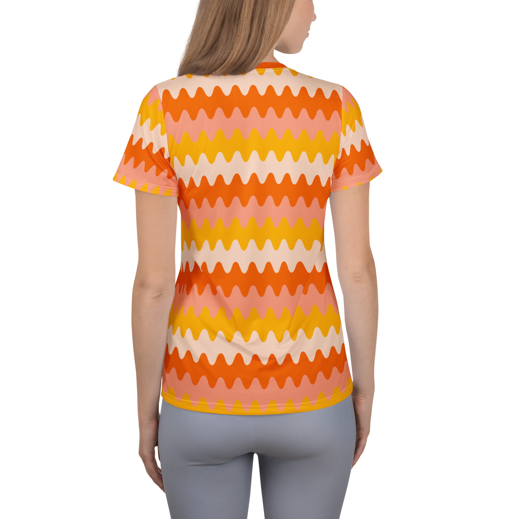 Women’s Orange Wavy Stripe Athletic T-Shirt - Lightweight Moisture Wicking Workout Top With UPF 50+