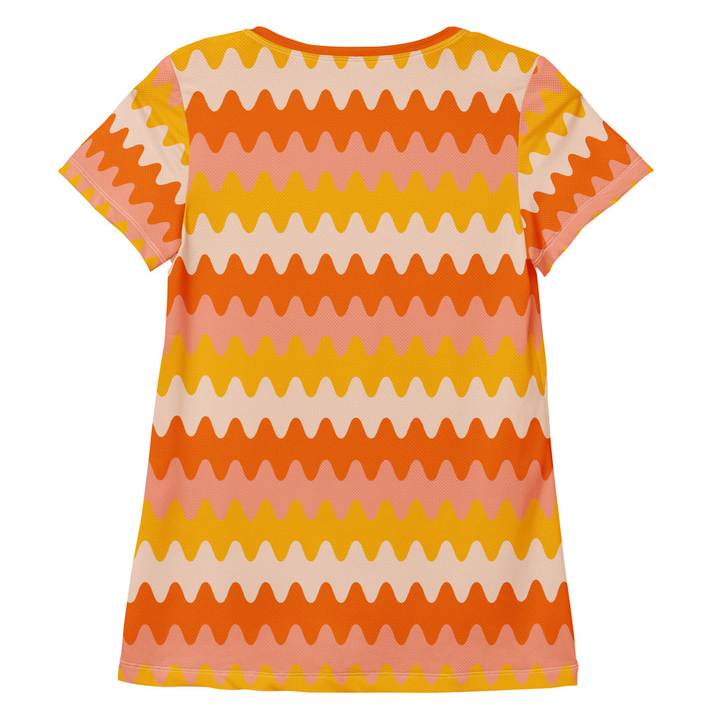 Women’s Orange Wavy Stripe Athletic T-Shirt - Lightweight Moisture Wicking Workout Top With UPF 50+