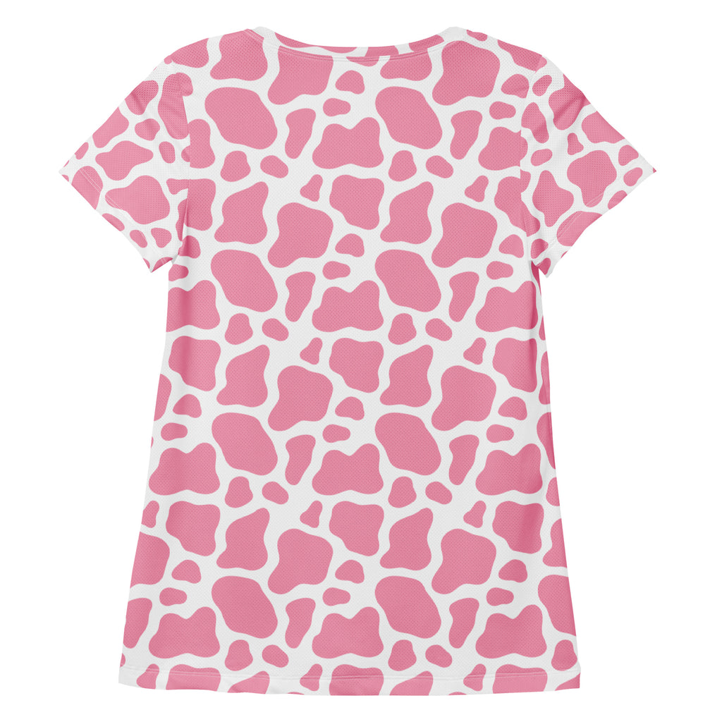 Women’s Pink Cow Print Athletic T-Shirt - Lightweight Moisture Wicking Workout Top With UPF 50+