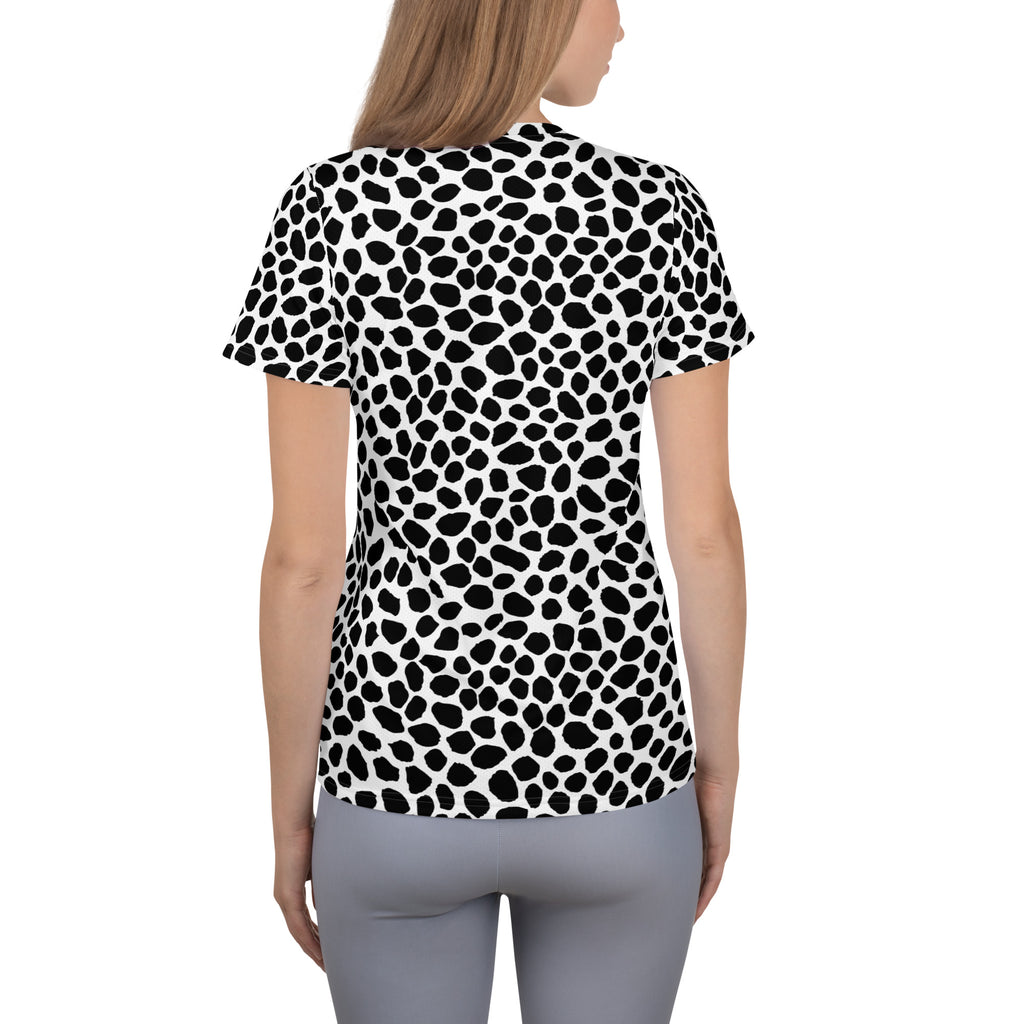 Women’s Black & White Spotted Animal Print Athletic T-Shirt - Lightweight Moisture Wicking Workout Top With UPF 50+