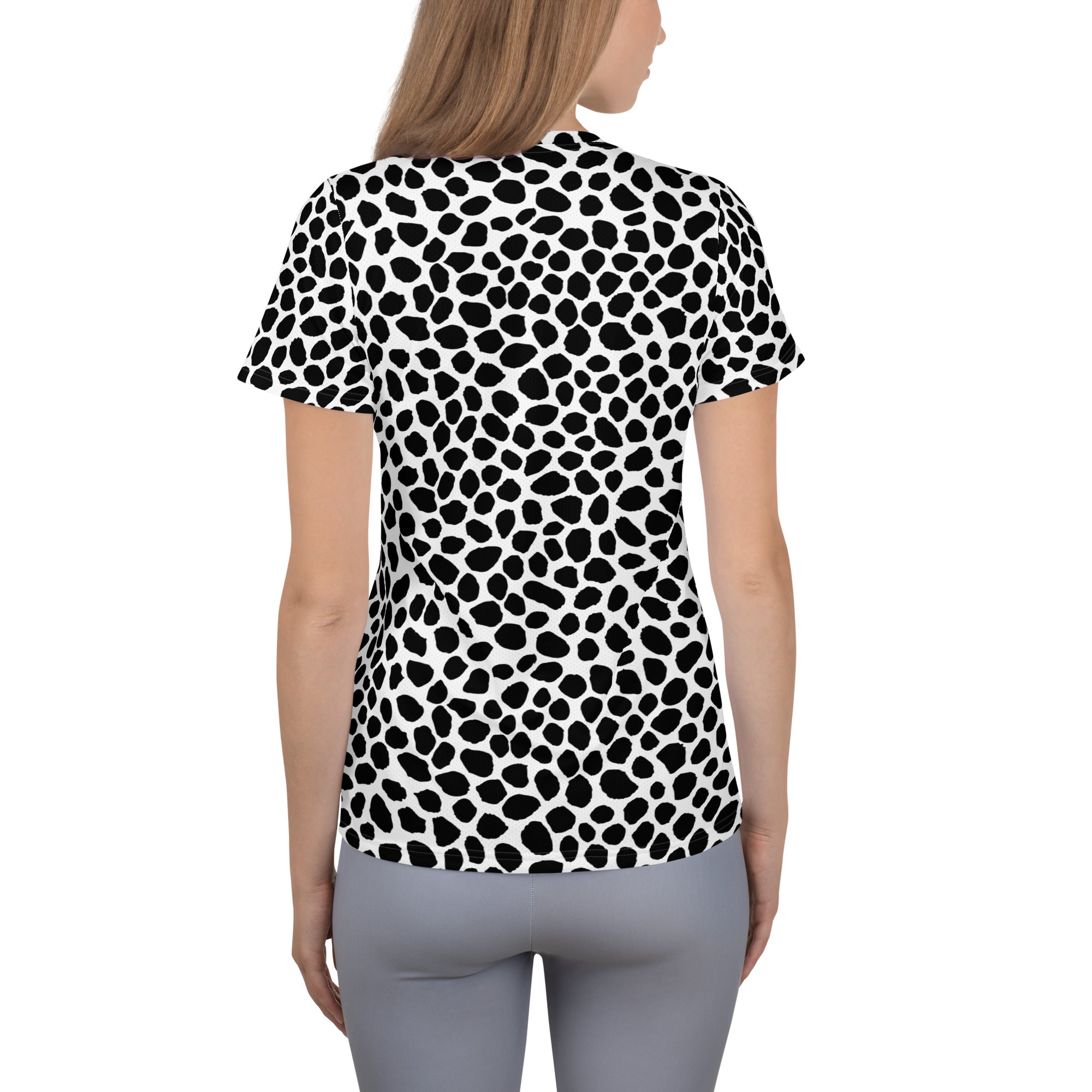 Women’s Black & White Spotted Animal Print Athletic T-Shirt - Lightweight Moisture Wicking Workout Top With UPF 50+