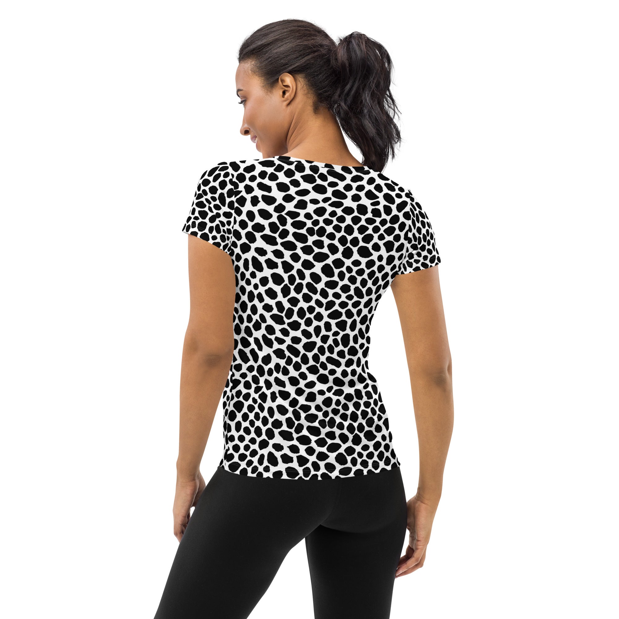 Women’s Black & White Spotted Animal Print Athletic T-Shirt - Lightweight Moisture Wicking Workout Top With UPF 50+