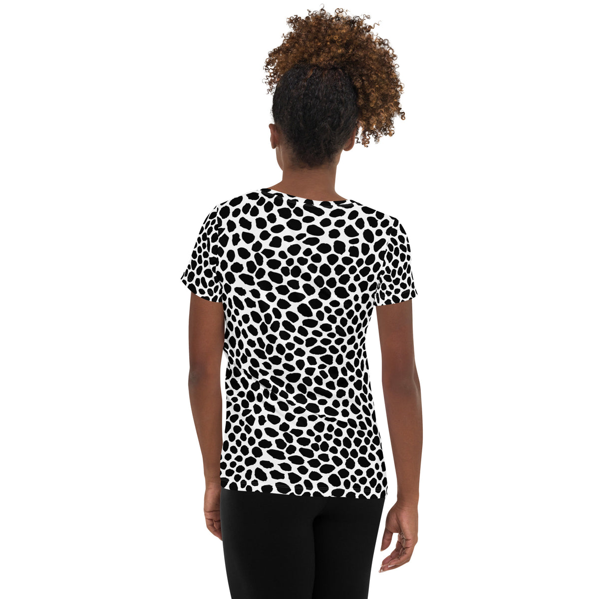 Women’s Black & White Spotted Animal Print Athletic T-Shirt - Lightweight Moisture Wicking Workout Top With UPF 50+