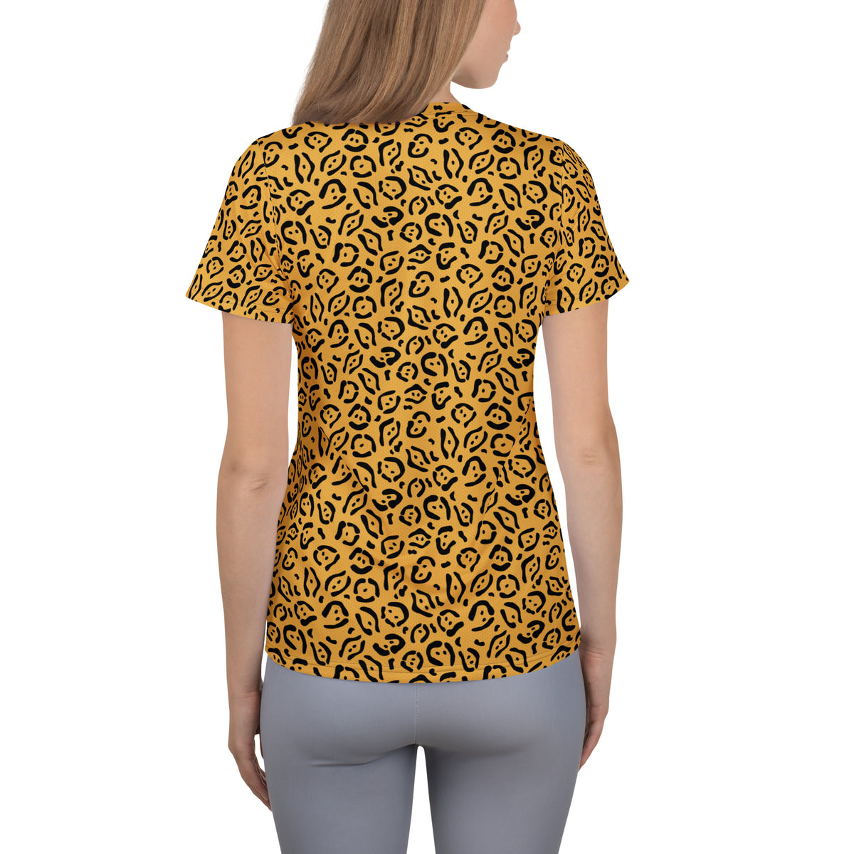 Women’s Golden Leopard Print Athletic T-Shirt - Lightweight Moisture Wicking Workout Top With UPF 50+