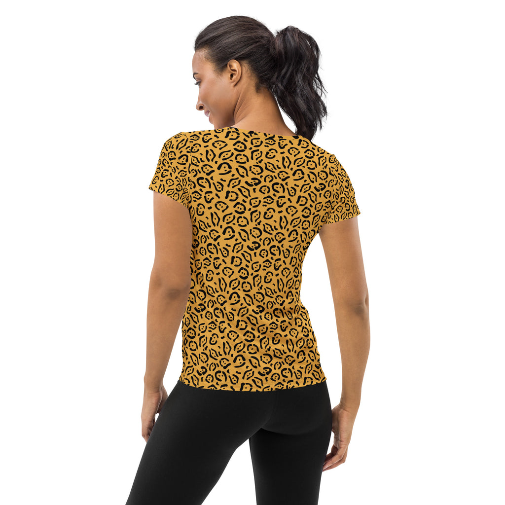Women’s Golden Leopard Print Athletic T-Shirt - Lightweight Moisture Wicking Workout Top With UPF 50+