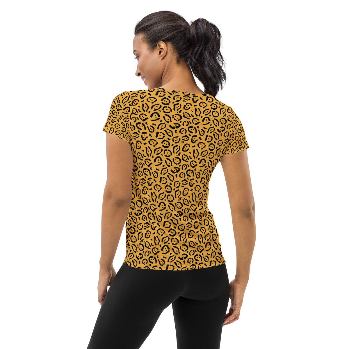 Women’s Golden Leopard Print Athletic T-Shirt - Lightweight Moisture Wicking Workout Top With UPF 50+