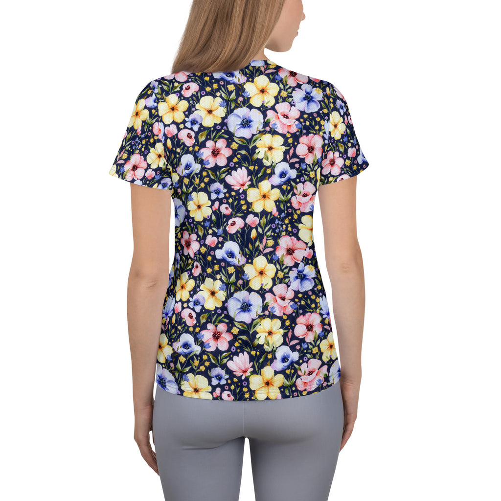 Women’s Navy Wildflower Athletic T-Shirt - Lightweight Moisture Wicking Workout Top With UPF 50+
