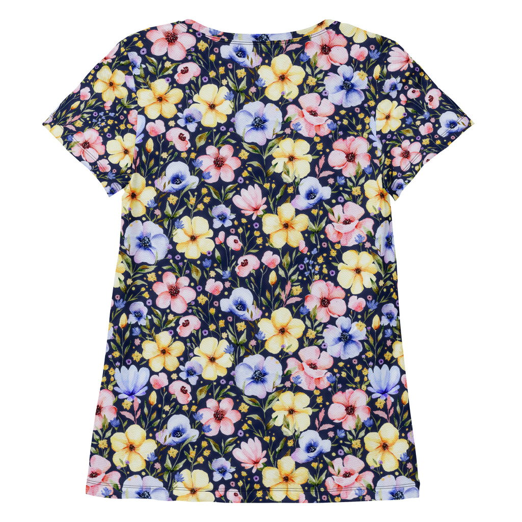 Women’s Navy Wildflower Athletic T-Shirt - Lightweight Moisture Wicking Workout Top With UPF 50+