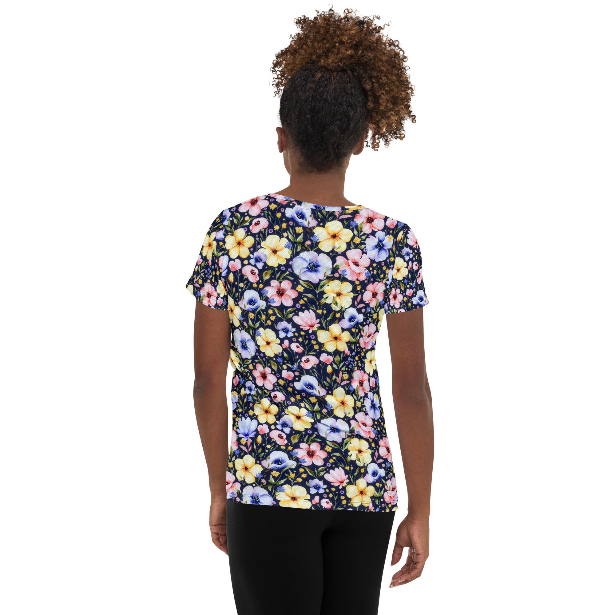 Women’s Navy Wildflower Athletic T-Shirt - Lightweight Moisture Wicking Workout Top With UPF 50+