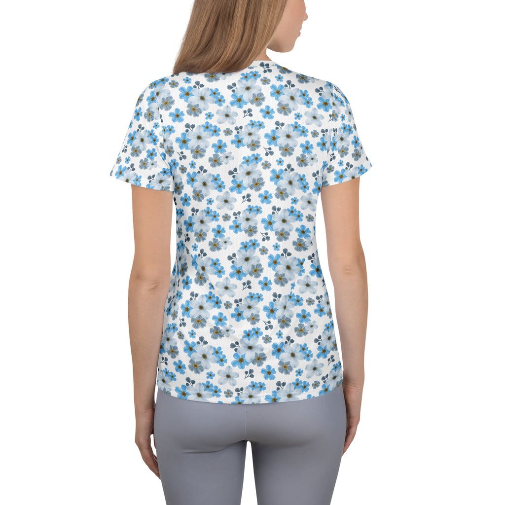 Women’s Watercolor Blue Floral Athletic T-Shirt - Lightweight Moisture Wicking Workout Top With UPF 50+