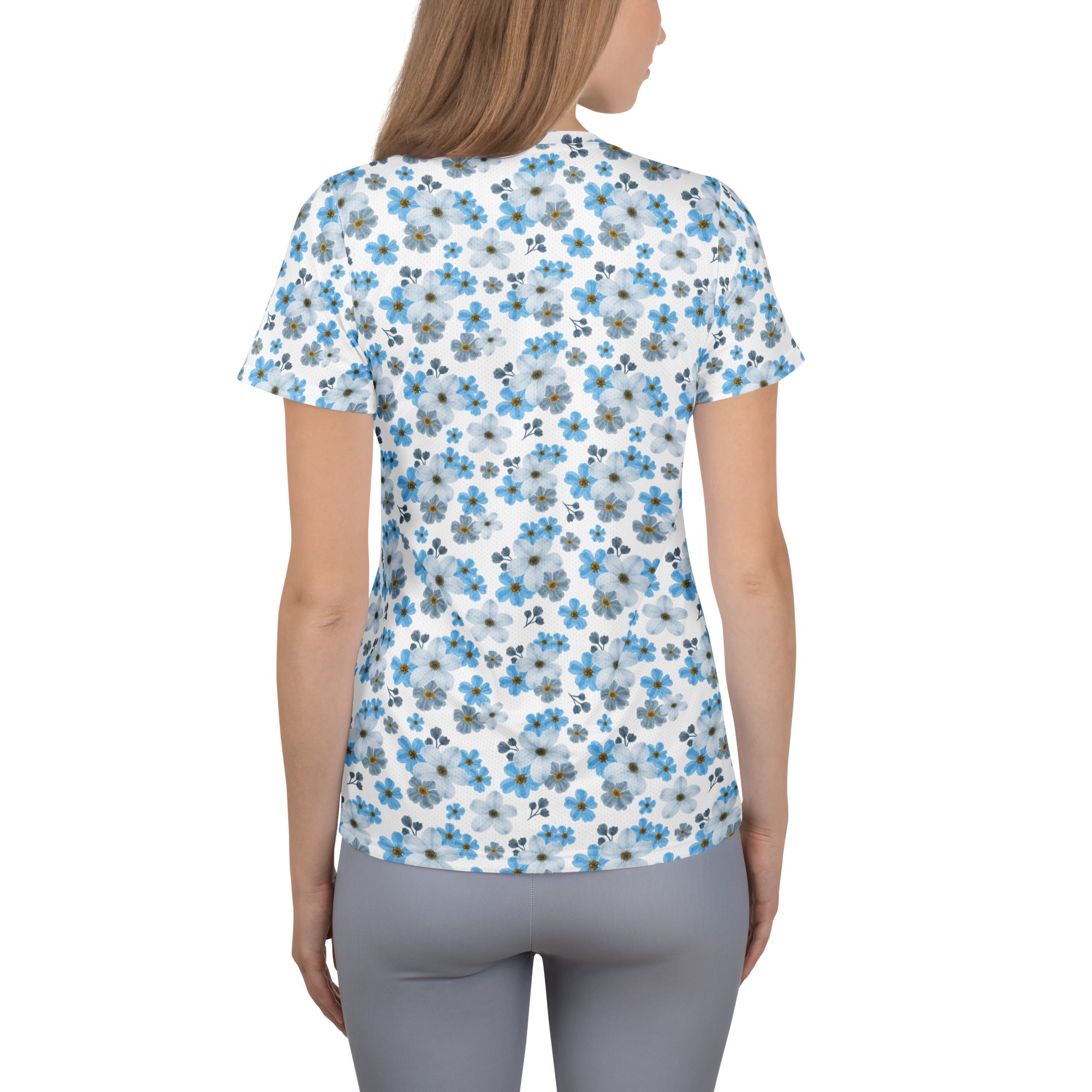 Women’s Watercolor Blue Floral Athletic T-Shirt - Lightweight Moisture Wicking Workout Top With UPF 50+