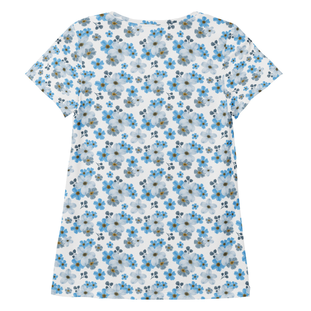Women’s Watercolor Blue Floral Athletic T-Shirt - Lightweight Moisture Wicking Workout Top With UPF 50+