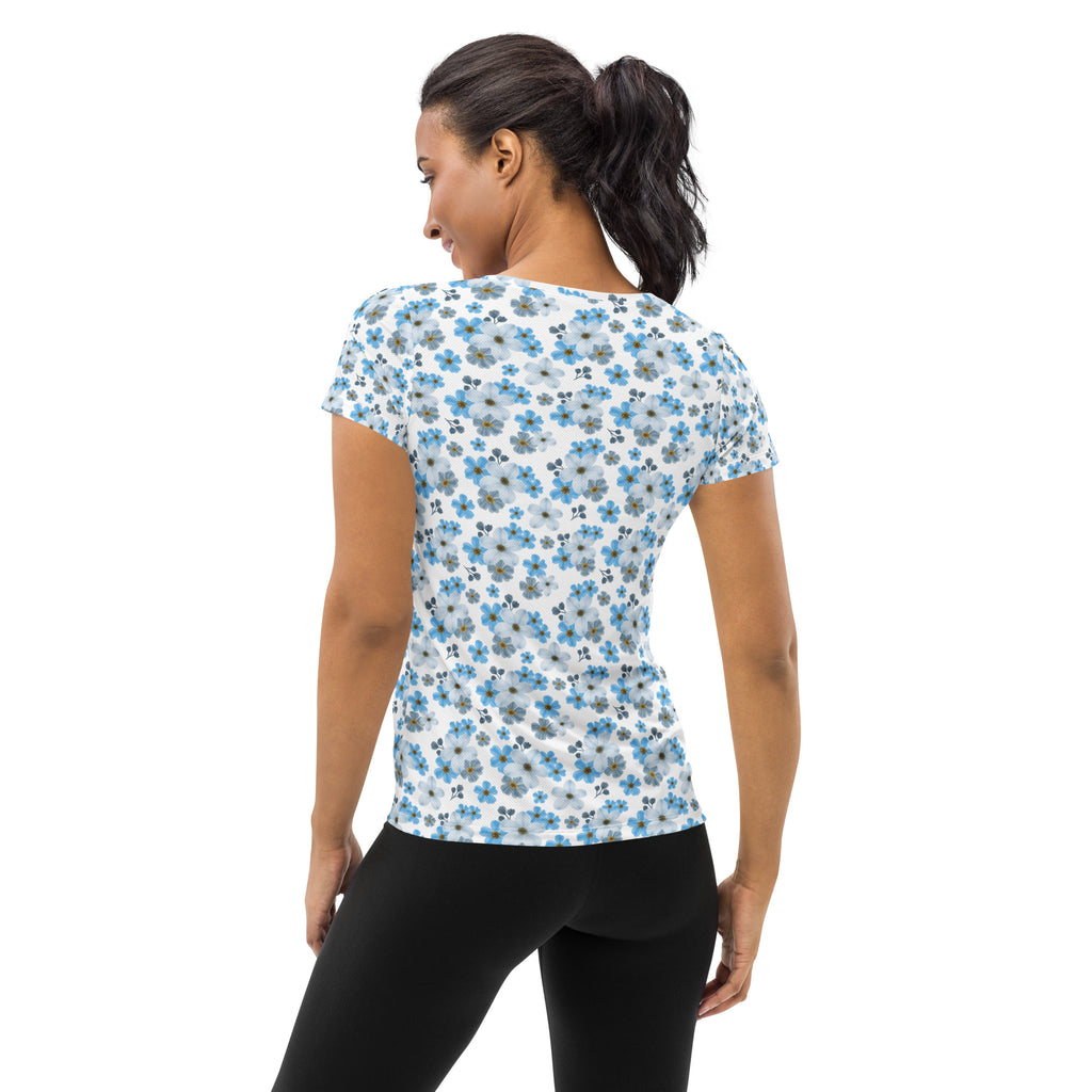 Women’s Watercolor Blue Floral Athletic T-Shirt - Lightweight Moisture Wicking Workout Top With UPF 50+