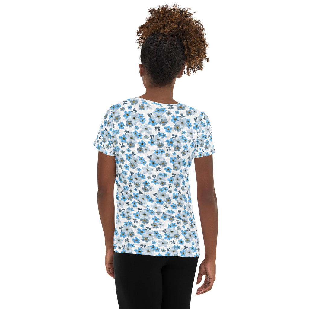 Women’s Watercolor Blue Floral Athletic T-Shirt - Lightweight Moisture Wicking Workout Top With UPF 50+