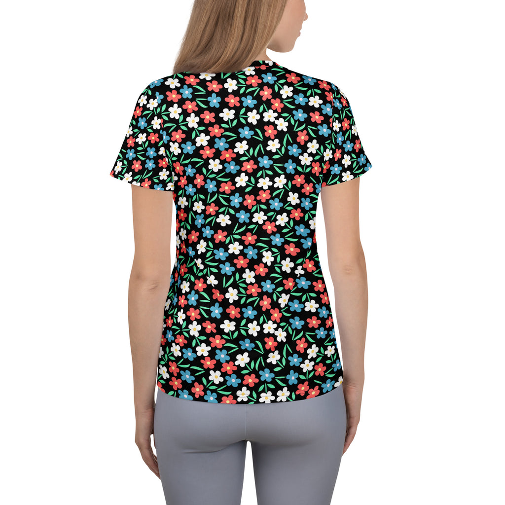 Women’s Colorful Black Wildflower Athletic T-Shirt - Lightweight Moisture Wicking Workout Top With UPF 50+